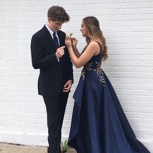 Navy and gold prom dress
